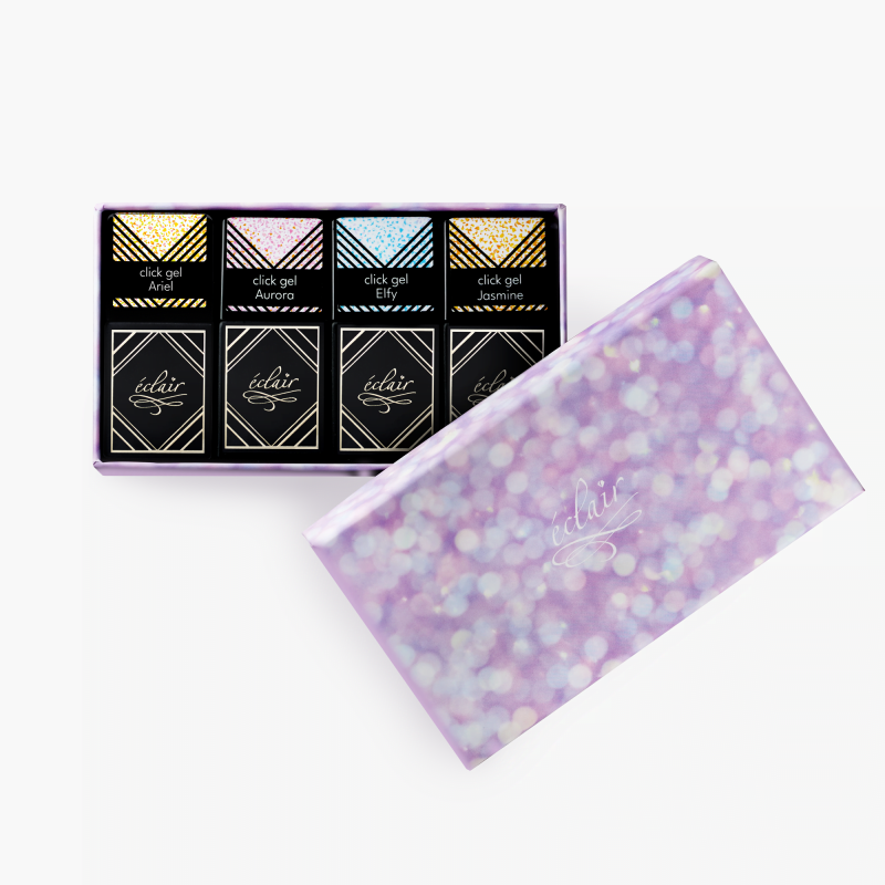 Zestaw PRINCESS CLICK GEL – brokatowe żele budujące w butelce Eclair – 4 sztuki