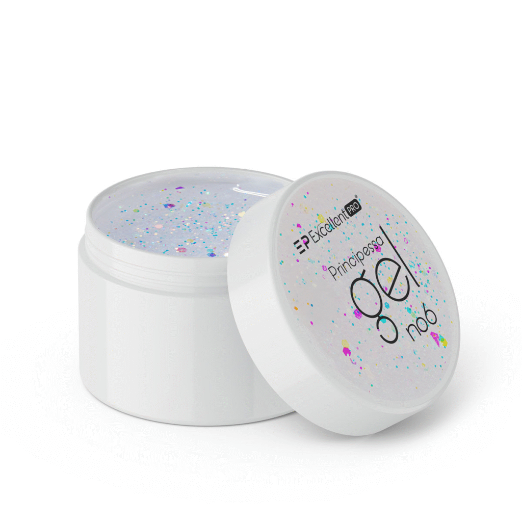alt="Żel budujący Excellent PRO Principessa No6 – transparentny z brokatem, idealny do princess nails i brokatowych stylizacji"